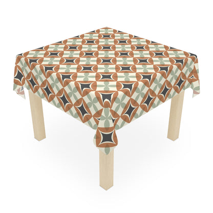 Mid Century Modern Interlocking Geometric, Terracotta Sage Charcoal Tablecloth - Mid Century Modern Gal