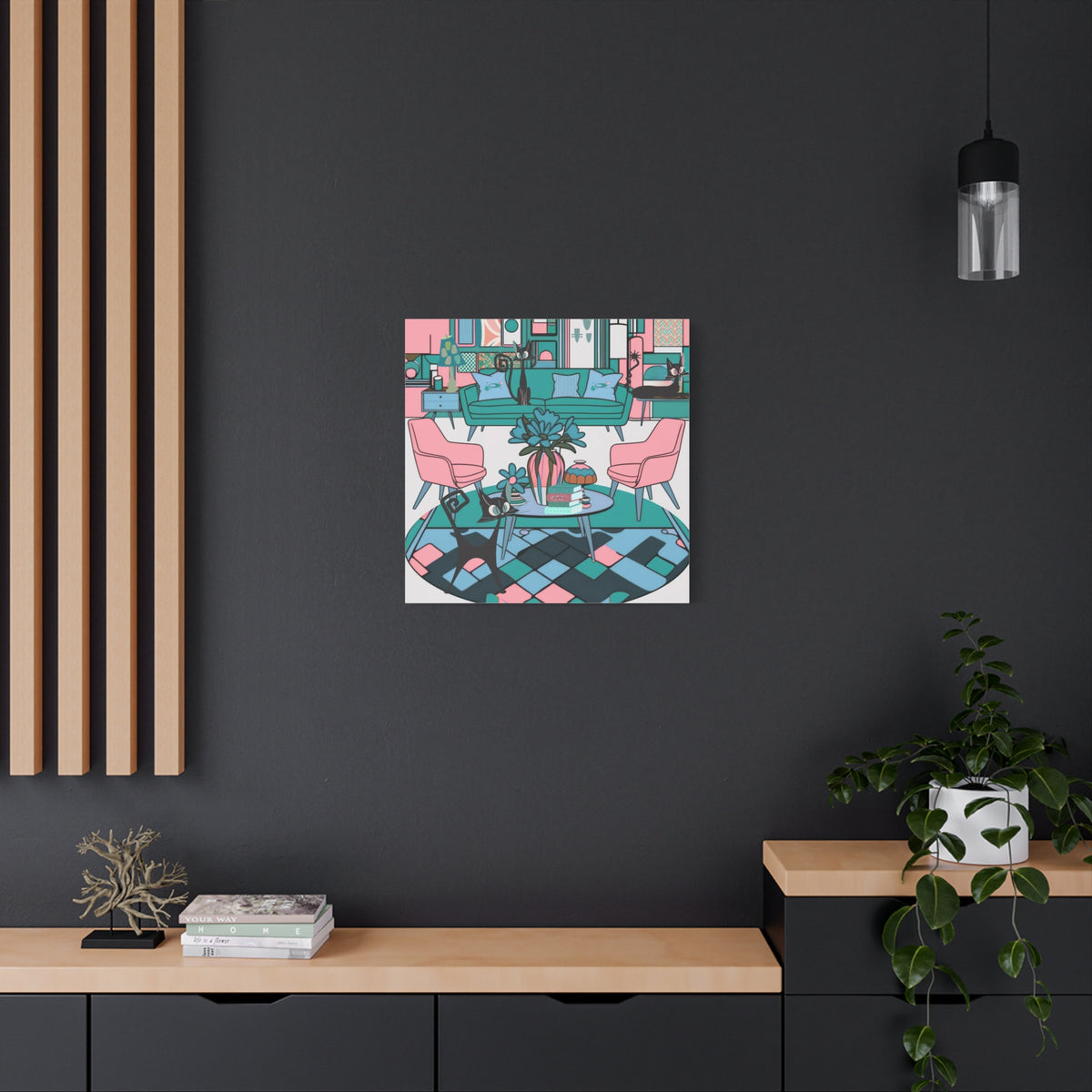 Atomic Cat Mid Century Modern Wall Art Colorful Cat-Themed Canvas Art - Mid Century Modern Gal