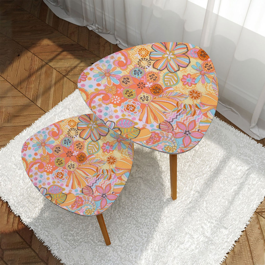 Vintage 70s Floral Pink Yellow Blue, Groovy Mid Mod Flower Power Nesting Tables - Mid Century Modern Gal