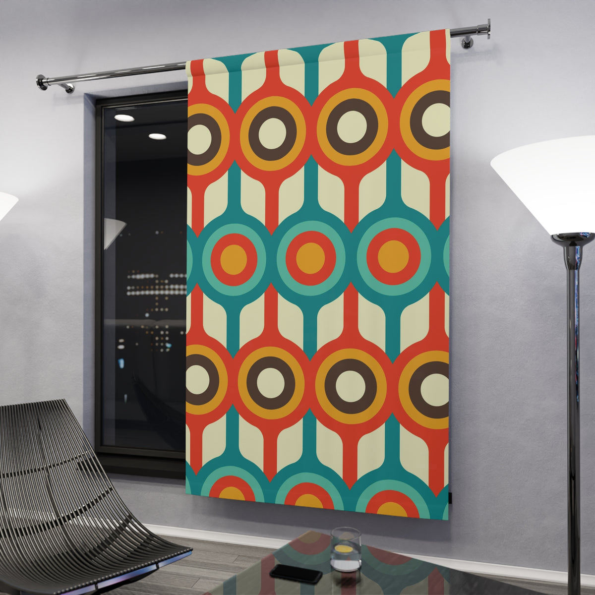 Mid Century Modern, Groovy 70's, Burnt Orange, Teal, Mustard Yellow, Brown, Geometric Retro Mid Century Decor Window Curtains With Bonus - Mid Century Modern Gal