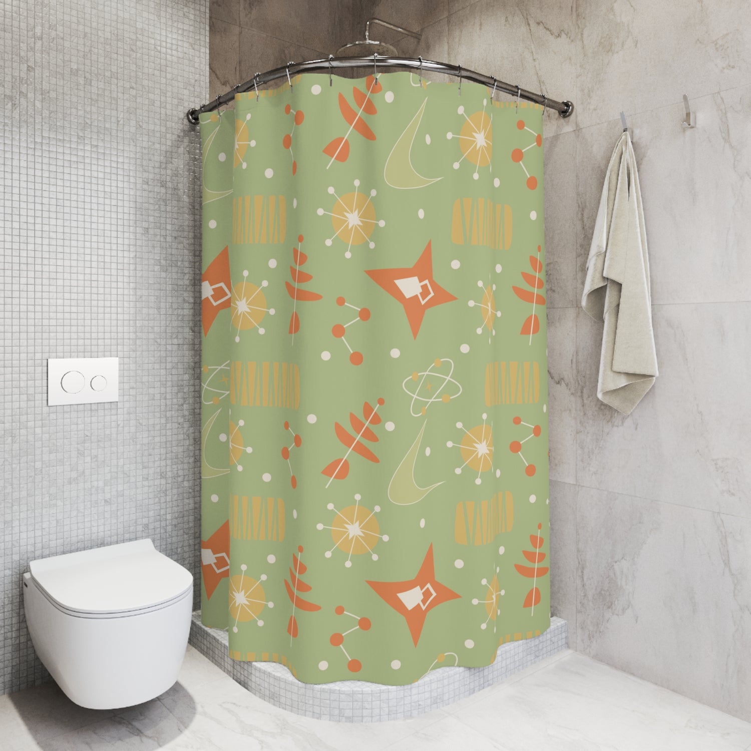 Mid Century Modern Atomic Space, Orange Green Yellow Retro Starburst Shower Curtain - Mid Century Modern Gal