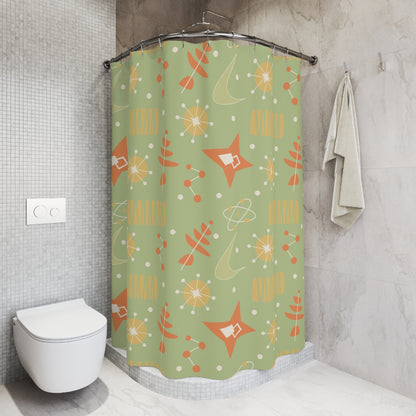Mid Century Modern Atomic Space, Orange Green Yellow Retro Starburst Shower Curtain - Mid Century Modern Gal