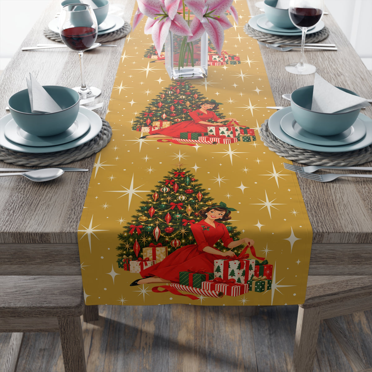 Mid Century Modern Christmas Glamour Gal Wrapping Presents by Tree, Gold Atomic Starbursts Table Runner