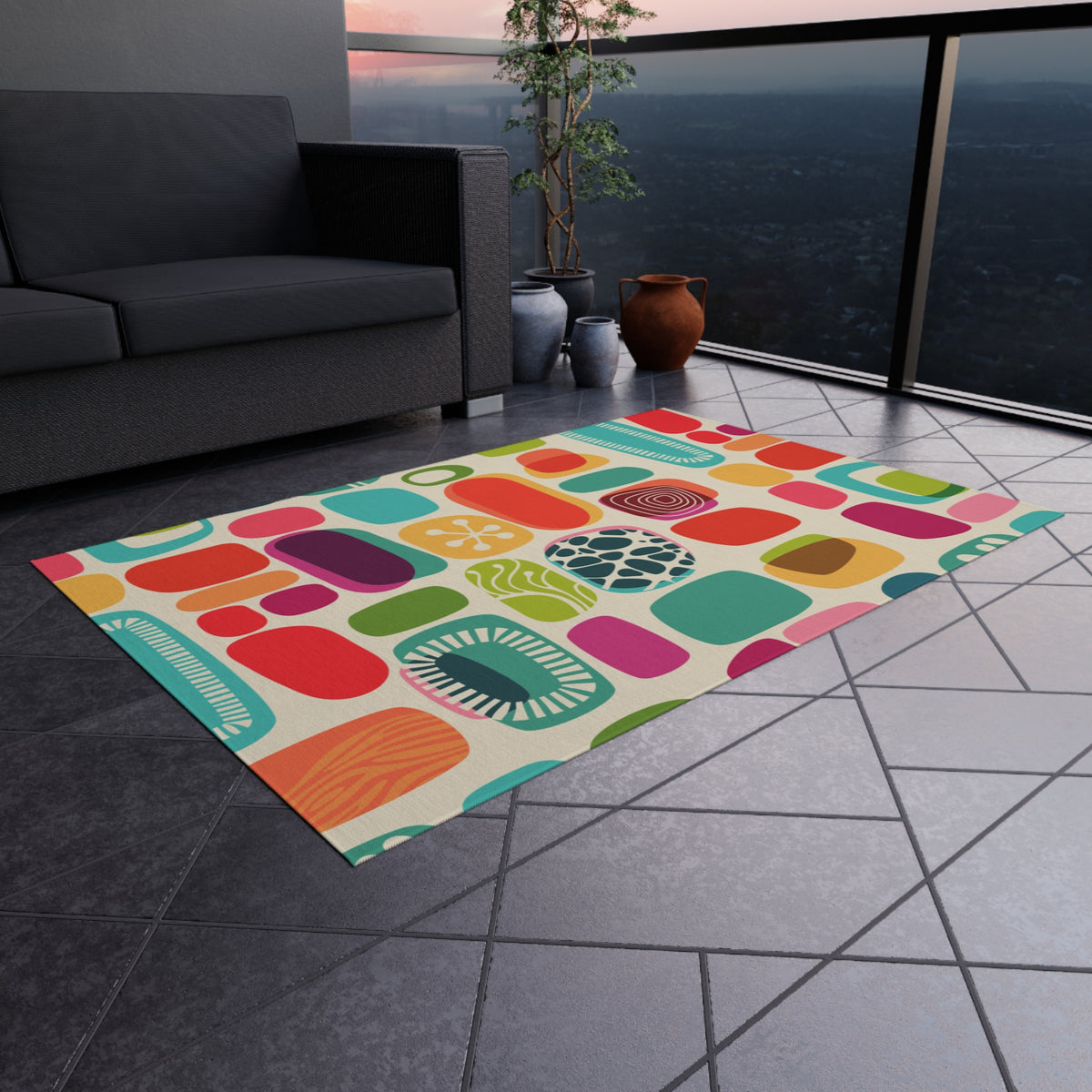 Mid Century Modern, Abstract, Geometric Mod Amoeba, Retro, Indoor Polyester, Orange, Purple, Aqua, Mustard Yellow Outdoor Rug - Mid Century Modern Gal