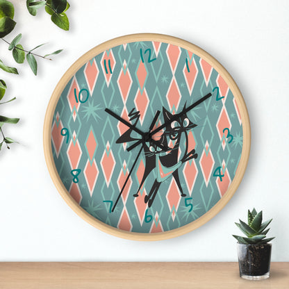 Retro Kitchen Wall Clock For Atomic Cat Black Cat Lovers, Mid Century Modern Designed, Teal, Pink Harlequin Diamond Designed MCM Clock