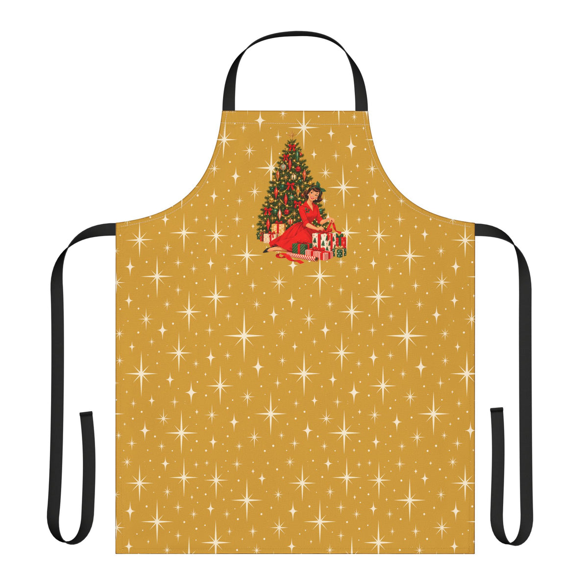 Mid Century Modern Christmas Glamour Gal Wrapping Presents by Tree, Gold Atomic Starbursts Apron