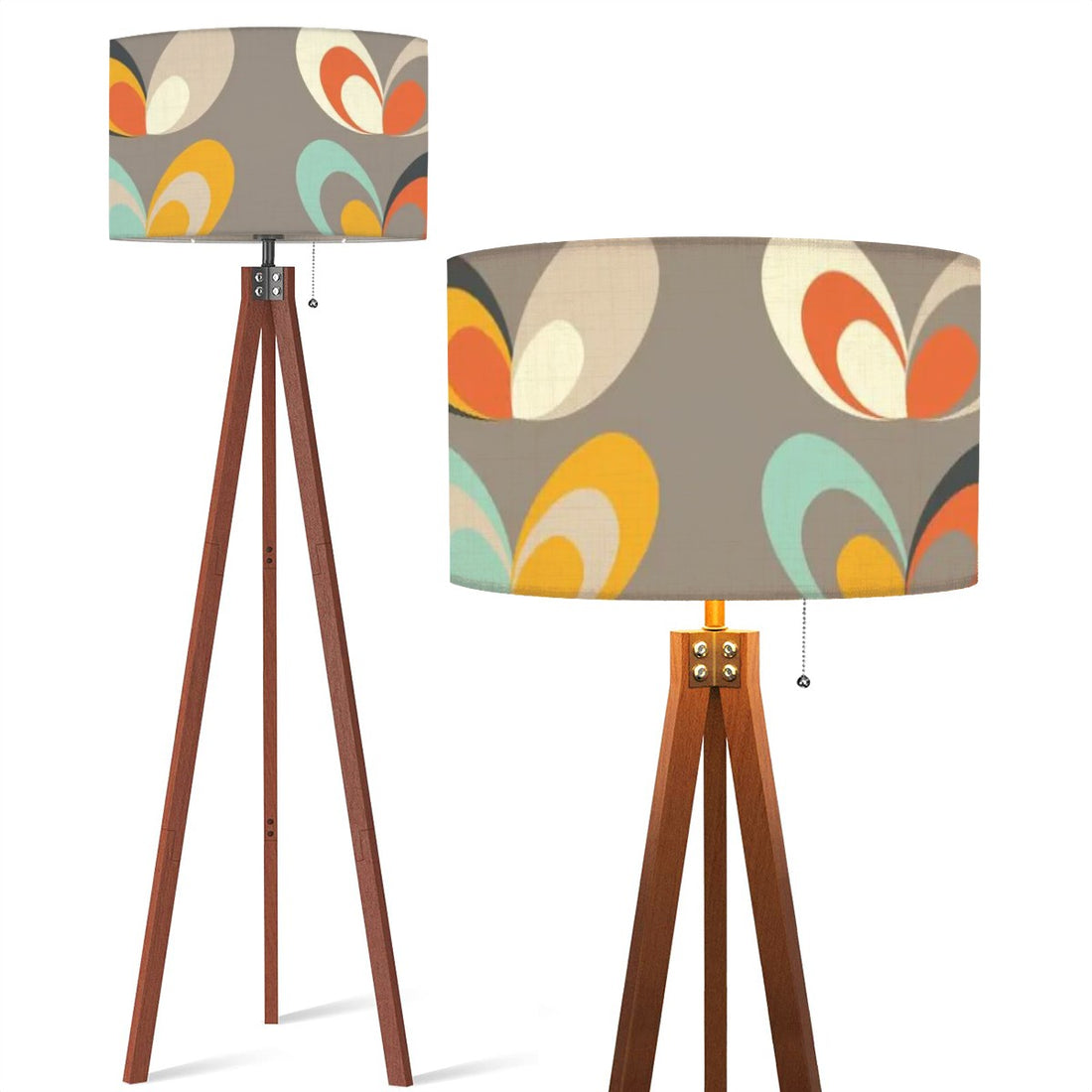 Mid Century Modern Scandinavian Designed Wood Tripod Lamp, Linen Shade