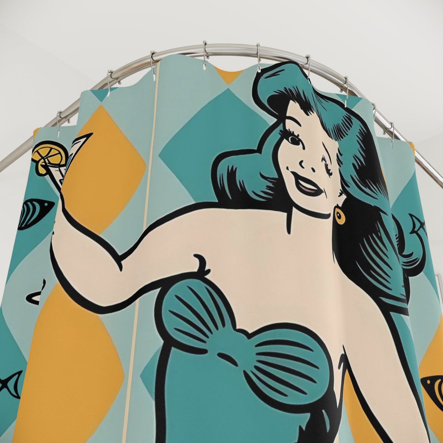 Retro Mermaid Kitschy Mod Shower Curtain - Vintage Art Decor for Nautical Bathrooms - Mid Century Modern Gal