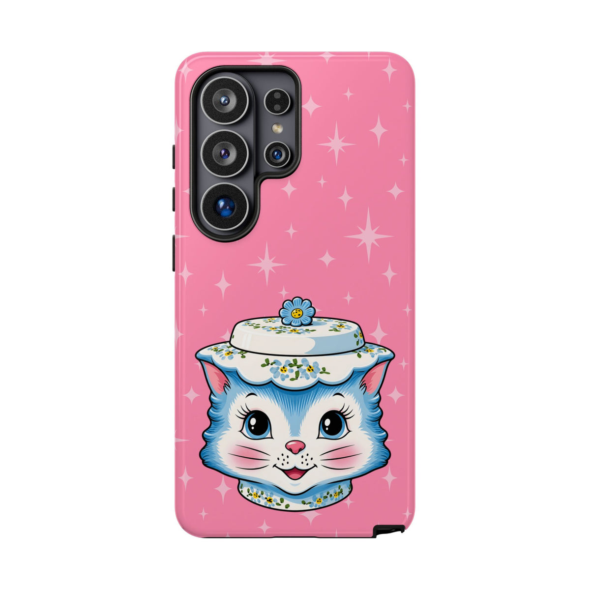 Mid Century Modern Kitschy Anthropomorphic Blue Cat with Floral Hat Tough Phone Case