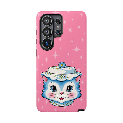 Mid Century Modern Kitschy Anthropomorphic Blue Cat with Floral Hat Tough Phone Case