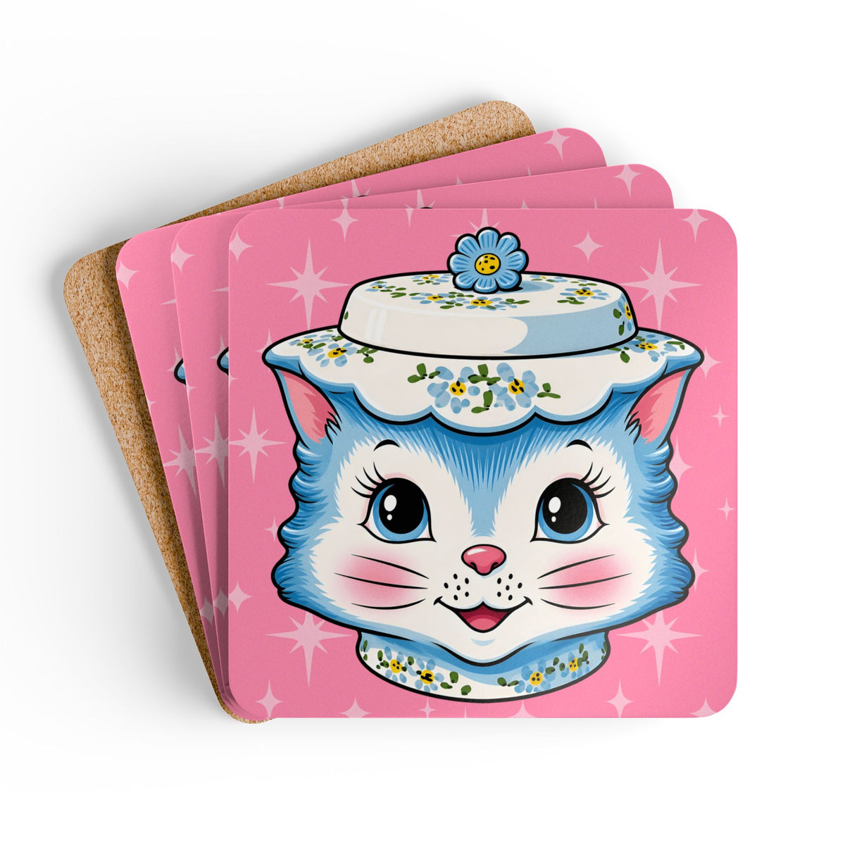 Mid Century Modern Kitschy Anthropomorphic Blue Cat with Floral Hat Corkwood Coaster Set - Mid Century Modern Gal