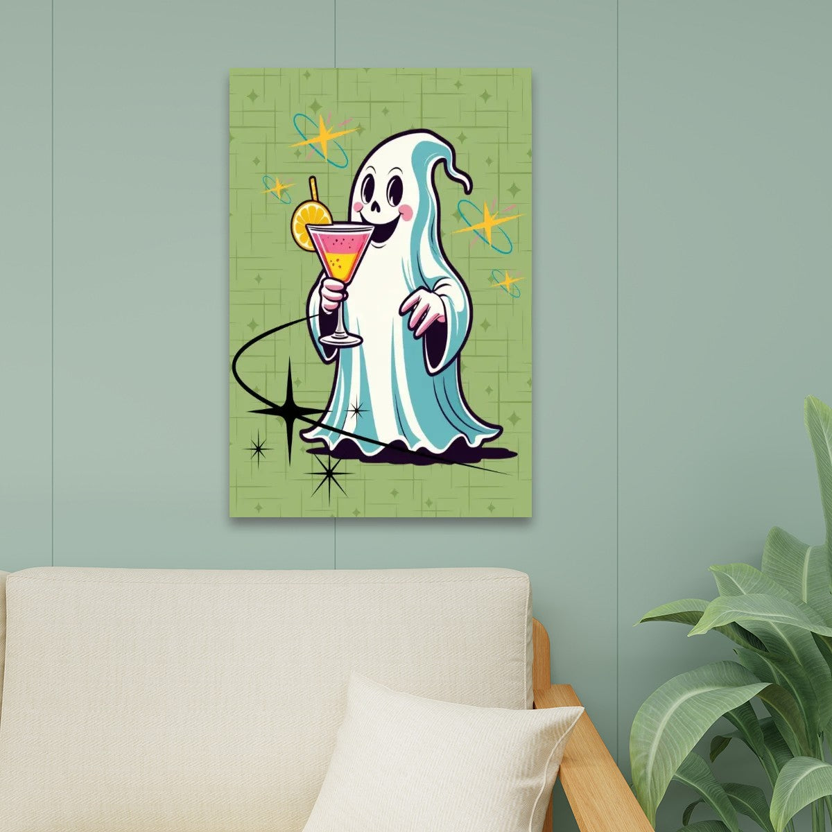 Kitschy Retro Ghost Cocktail Hour, Mid Century Modern Wall Art, Green Starbursts Design - Mid Century Modern Gal