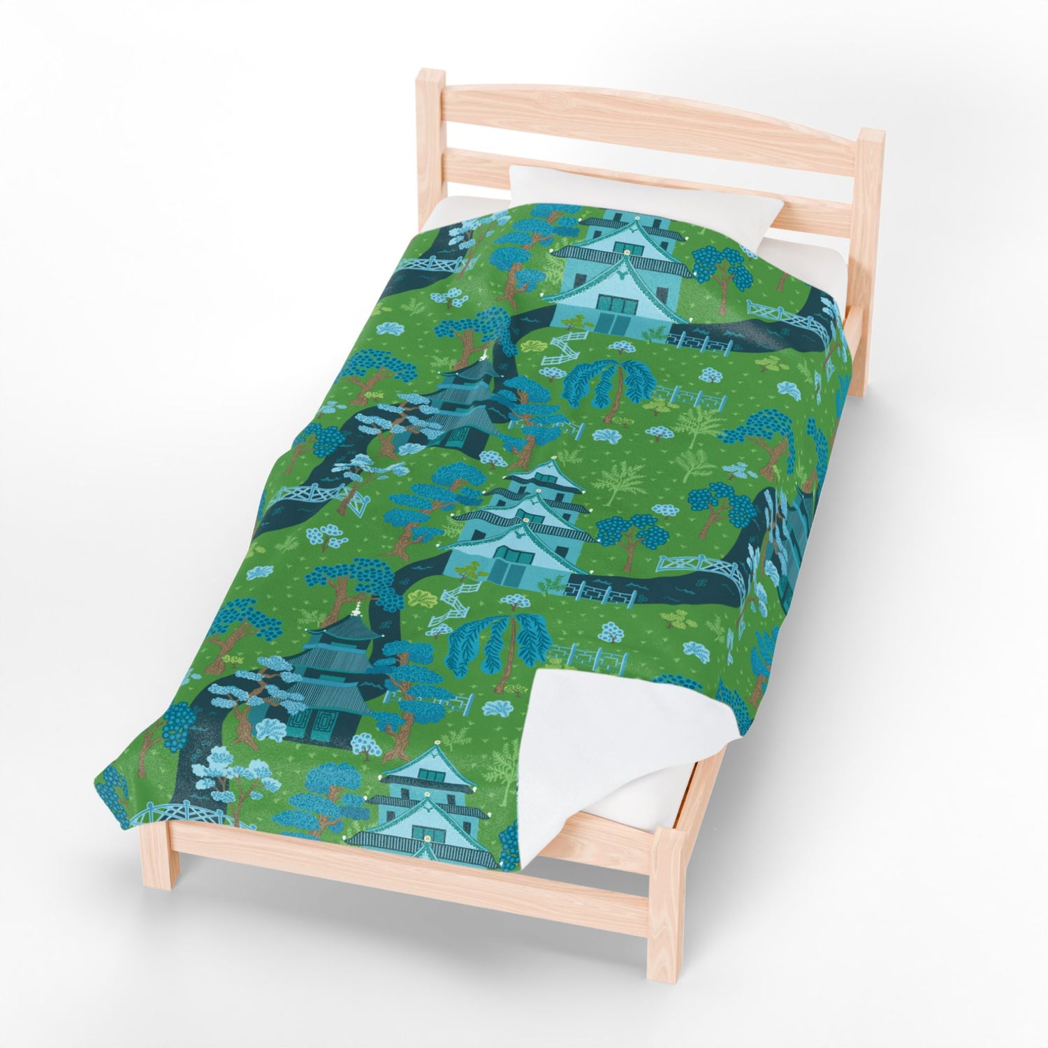 Chinoiserie Throw Blanket, Green, Blue Serene Garden Velveteen Plush Blanket - Cozy Floral Design - Mid Century Modern Gal