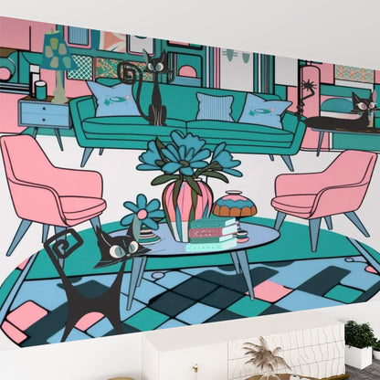 Atomic Cat Lounge Mid Century Modern Pink Teal Kitschy Mod Canvas Self Adhesive Wallpaper - Mid Century Modern Gal