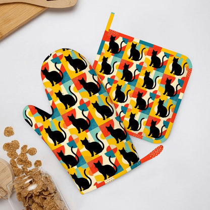 Pop Art Black Atomic Cats, Red Blue Yellow, Silicone Oven Mitts and Pot Holders Sets (Right Hand) - Mid Century Modern Gal