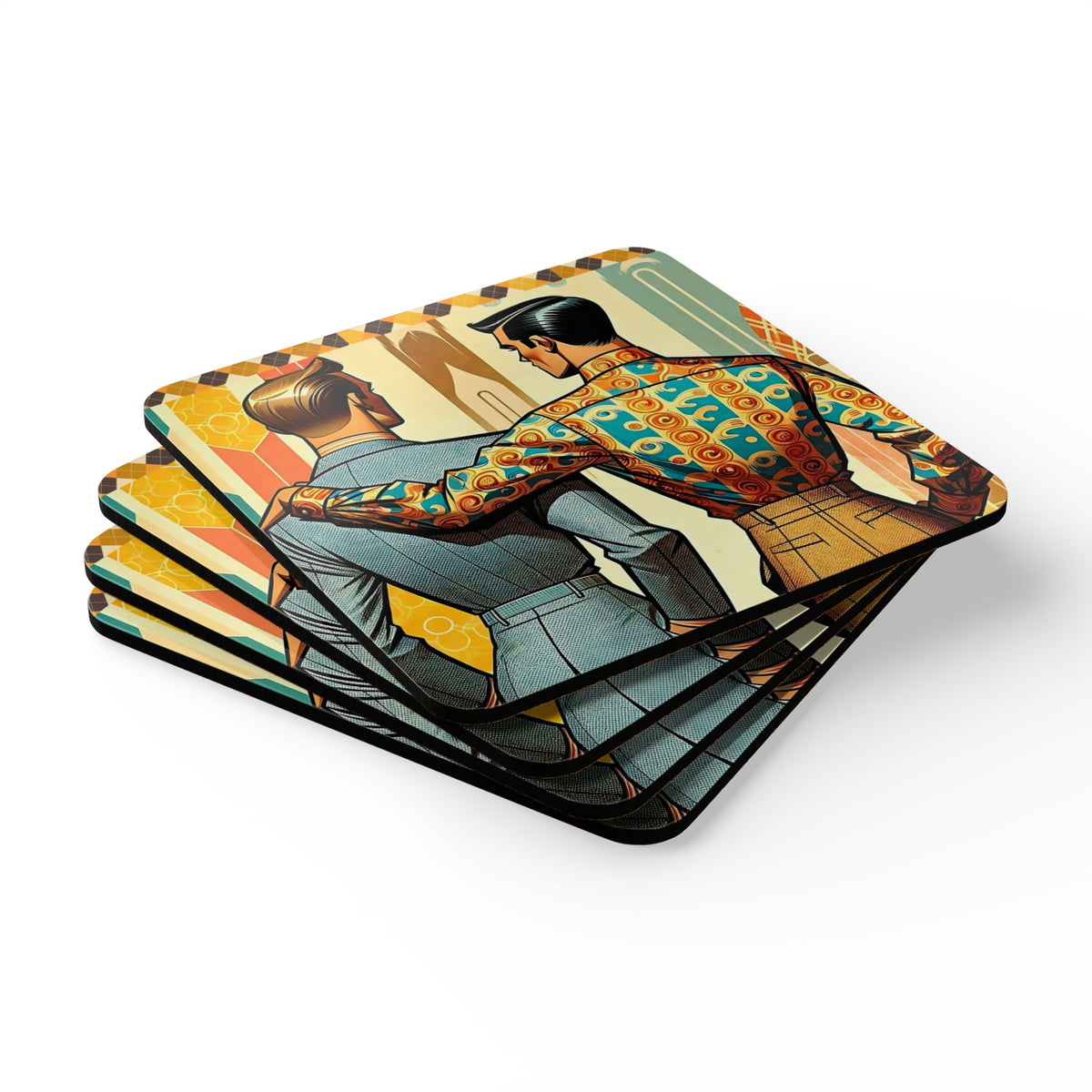 Mid Century Modern Tabletop Gentleman Gay Male Couple Kitschy Retro Corkwood Coaster Set - Mid Century Modern Gal