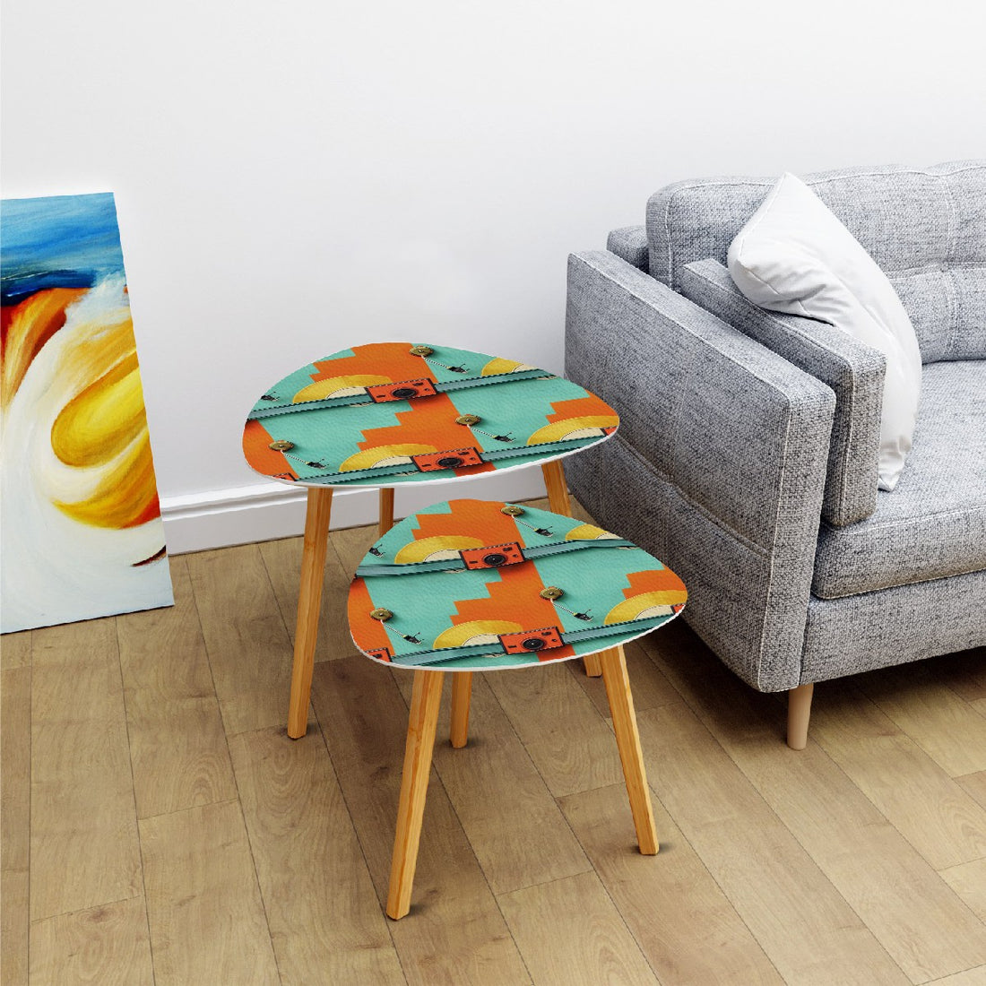 Mid Century Modern Orange, Teal, Retro Record Mod Nesting Tables