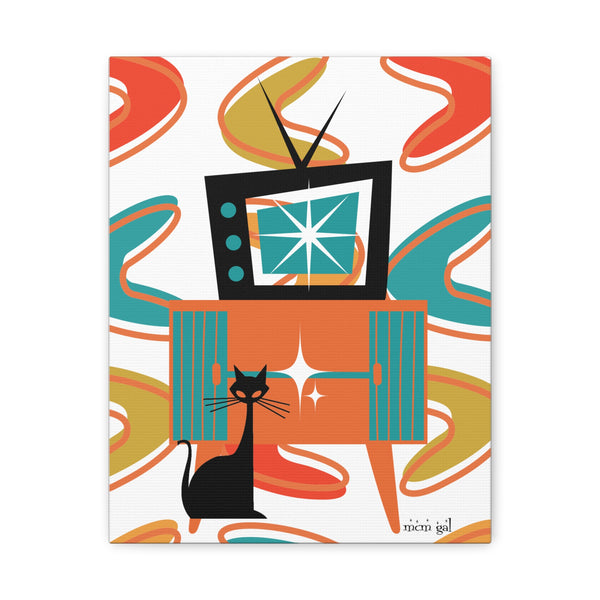 Atomic Cat Wall Art, Mid Century Modern Boomerang Kitschy Colorful Retro Cat Art Canvas