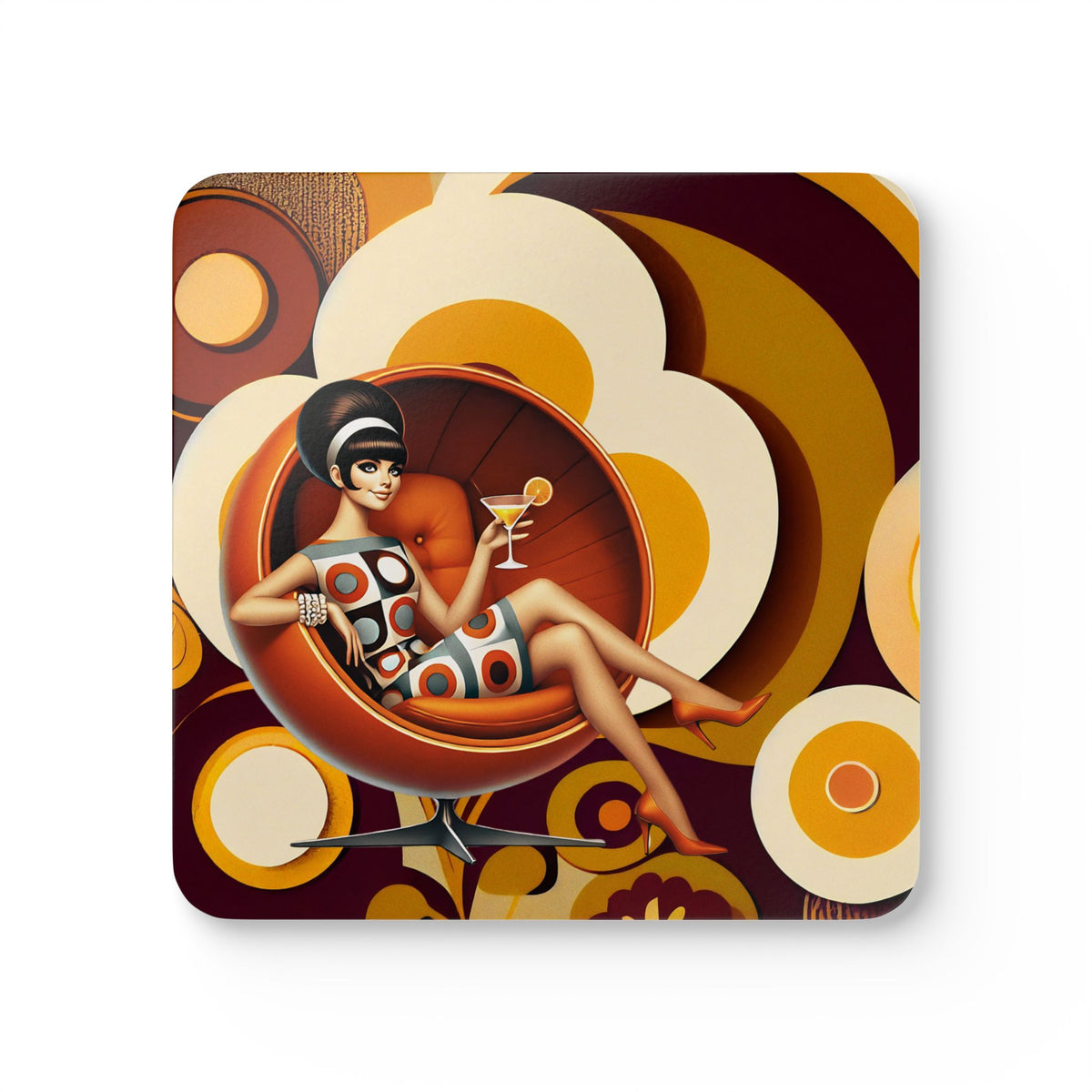 Groovy Mod 60s Gal, Flower Power Table Bar Coasters - Mid Century Modern Gal