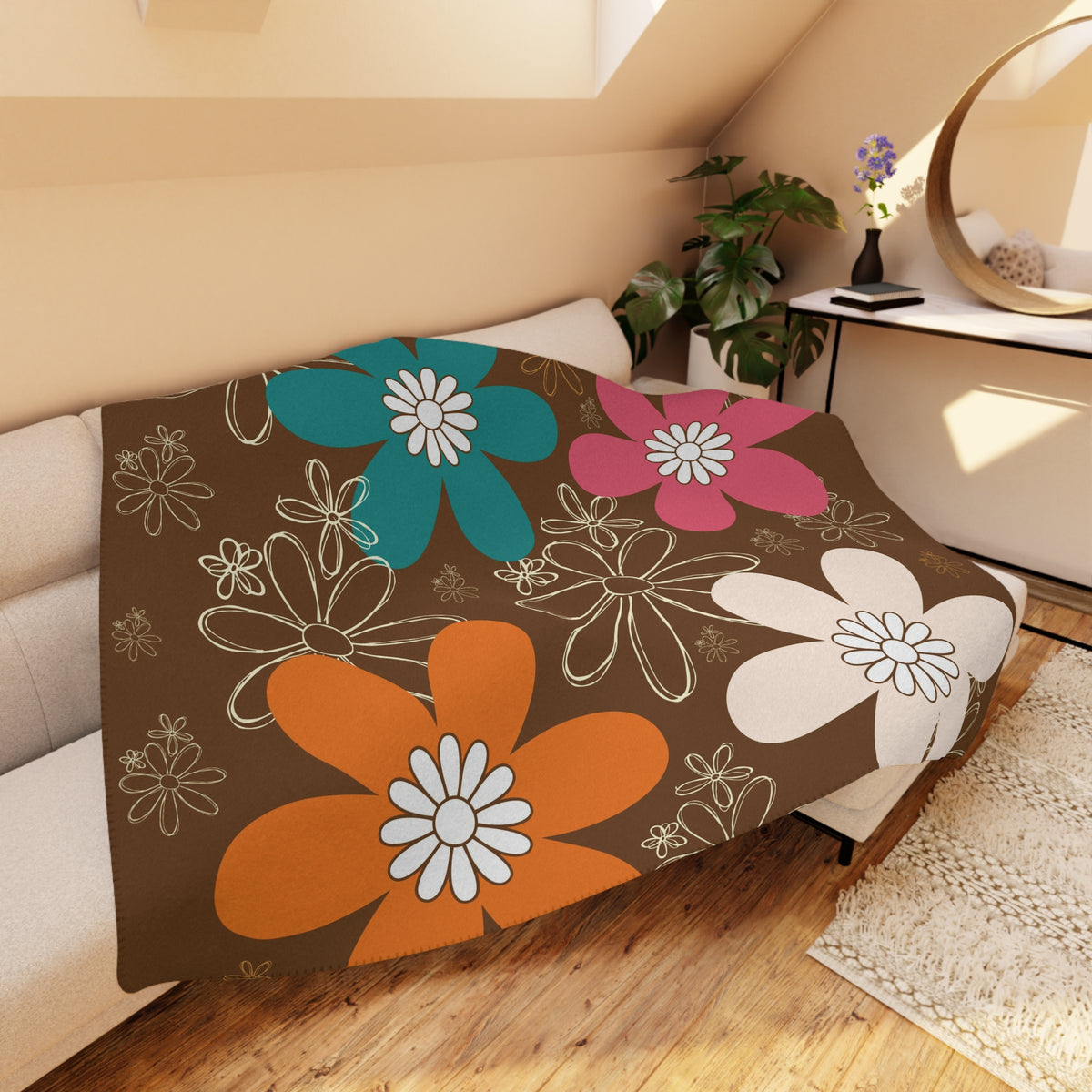 Retro Flower Power Brown, Orange Teal Pink Mid Mod Cozy Floral Tan Sherpa Blanket for Home & Gifts - Mid Century Modern Gal