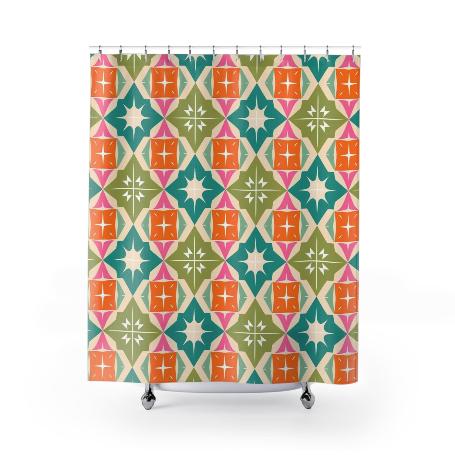 Mid Century Modern Atomic Diamond Starburst, Vibrant Geometric Shower Curtain - Colorful Modern Bathroom Decor - Mid Century Modern Gal