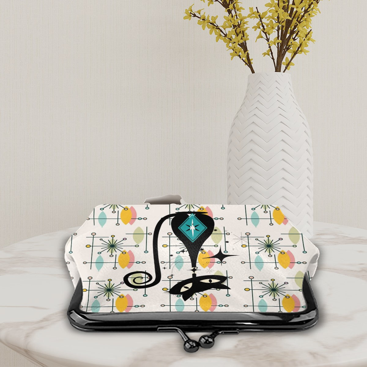 Atomic Cat Mid Century Modern Starburst Retro Coin Purse for Women - Mid Century Modern Gal