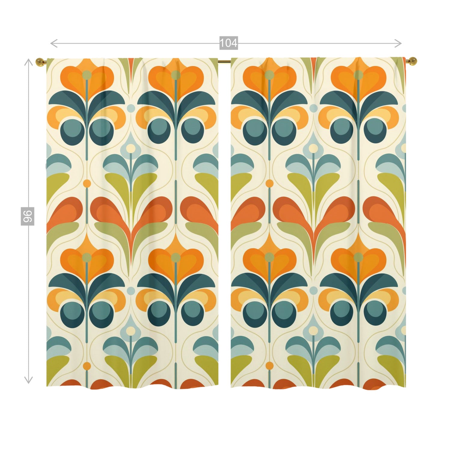 Scandinavian Flower Design, Orange, Green Blue Mid Century Modern Window Curtains (two panels) - Mid Century Modern Gal