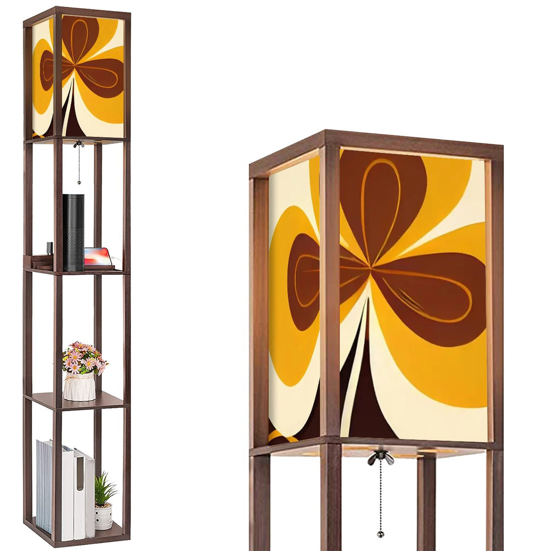 60s Groovy Mod Brown, Yellow, Hip Mid Century Modern Floor Lamp with Shelves - Mid Century Modern Gal