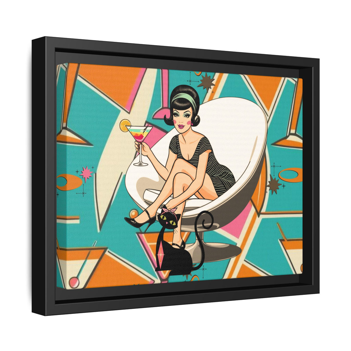 Mid Mod 60s Gal, Atomic Cat Barware Wall Art - Framed Matte Canvas with Vintage Cocktail And Retro Cat Design - Mid Century Modern Gal