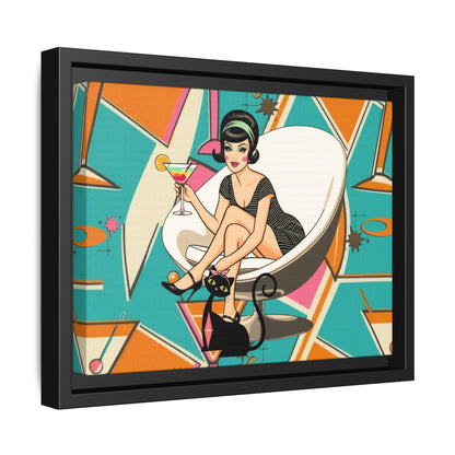 Mid Mod 60s Gal, Atomic Cat Barware Wall Art - Framed Matte Canvas with Vintage Cocktail And Retro Cat Design - Mid Century Modern Gal