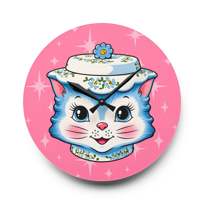 Mid Century Modern Kitschy Anthropomorphic Blue Cat with Floral Hat Acrylic Wall Clock