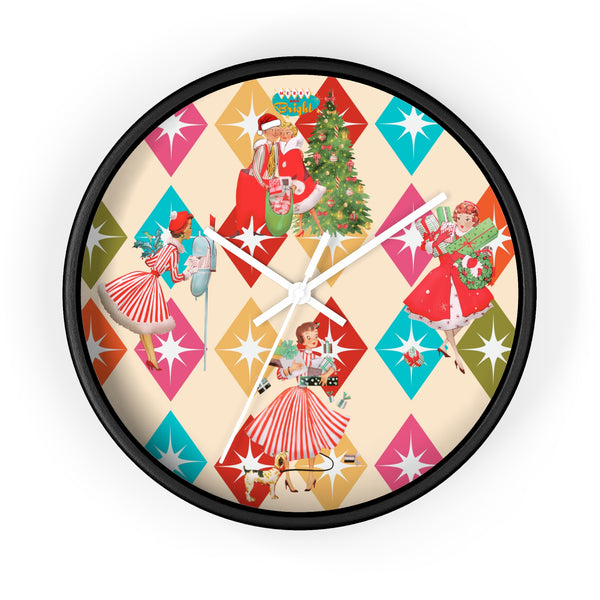 Holiday Retro Vintage Christmas Kitsch, Mid Century Modern Christmas Card Fun Kitschy 50s X-mas Wall Clock