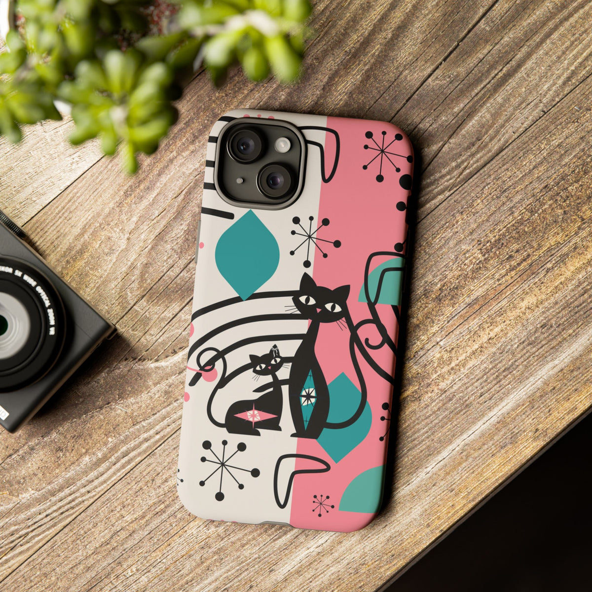 Mid Mod Atomic Cat Boomerang Starburst, Pink, Black Kitschy Stylish Cat Phone Case: Modern Design for Cat Lovers