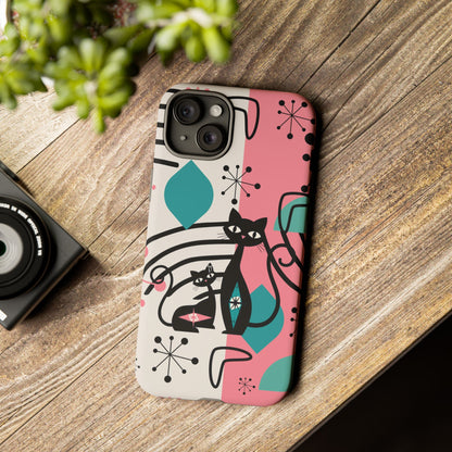 Mid Mod Atomic Cat Boomerang Starburst, Pink, Black Kitschy Stylish Cat Phone Case: Modern Design for Cat Lovers