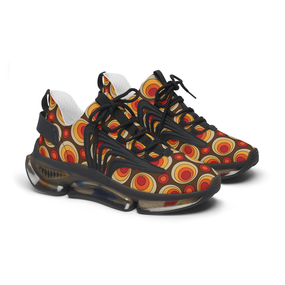 Retro Groovy Orbs, Brown, Orange Yellow Hip Style Women's Mesh Sneakers with Colorful Design - Mid Century Modern Gal
