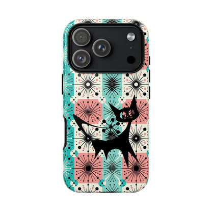 Atomic Kitschy Cat, Mid Century Modern Pink, Aqua Starbursts Tough Phone Case