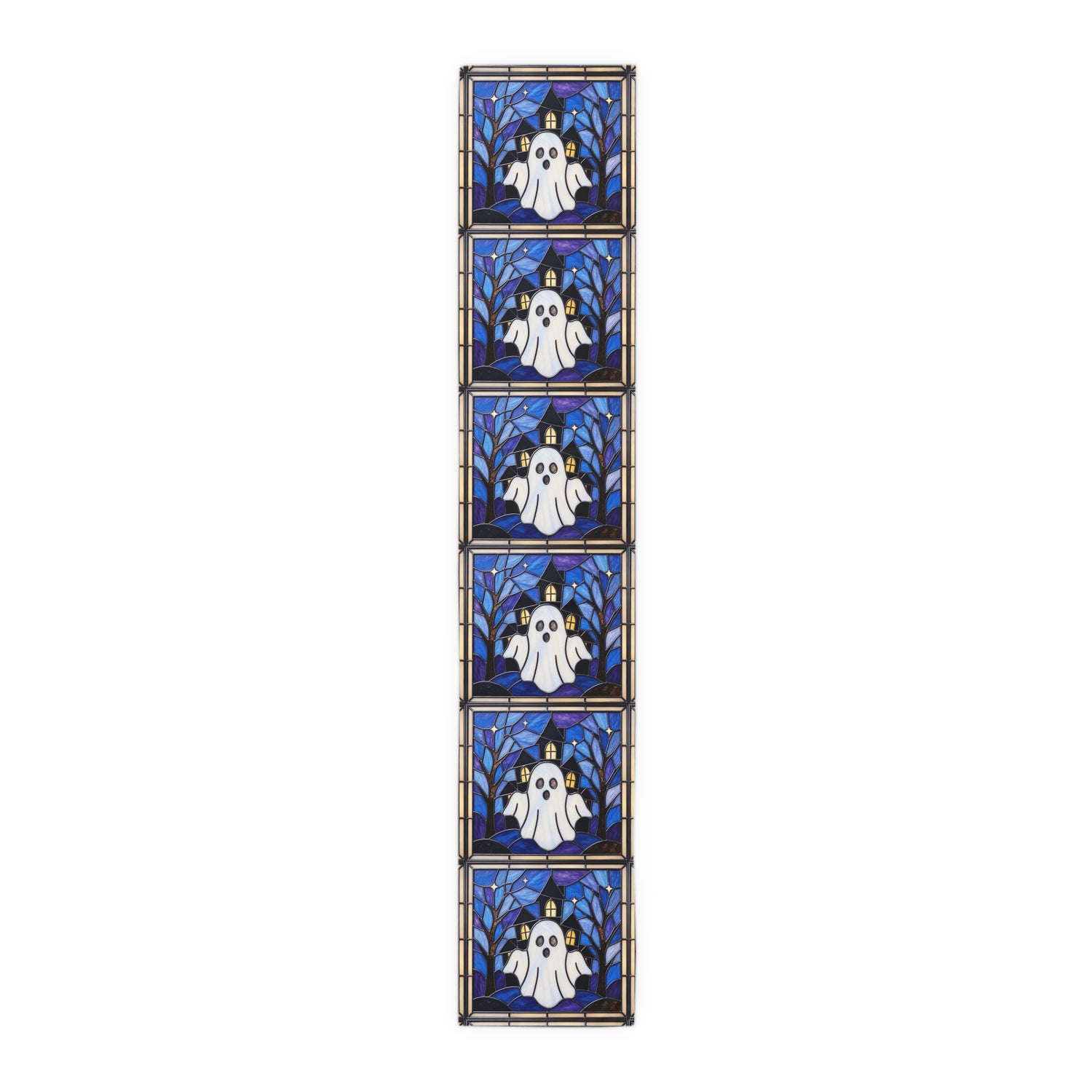 Halloween Stained Glass Style Ghost Haunted House Table Runner