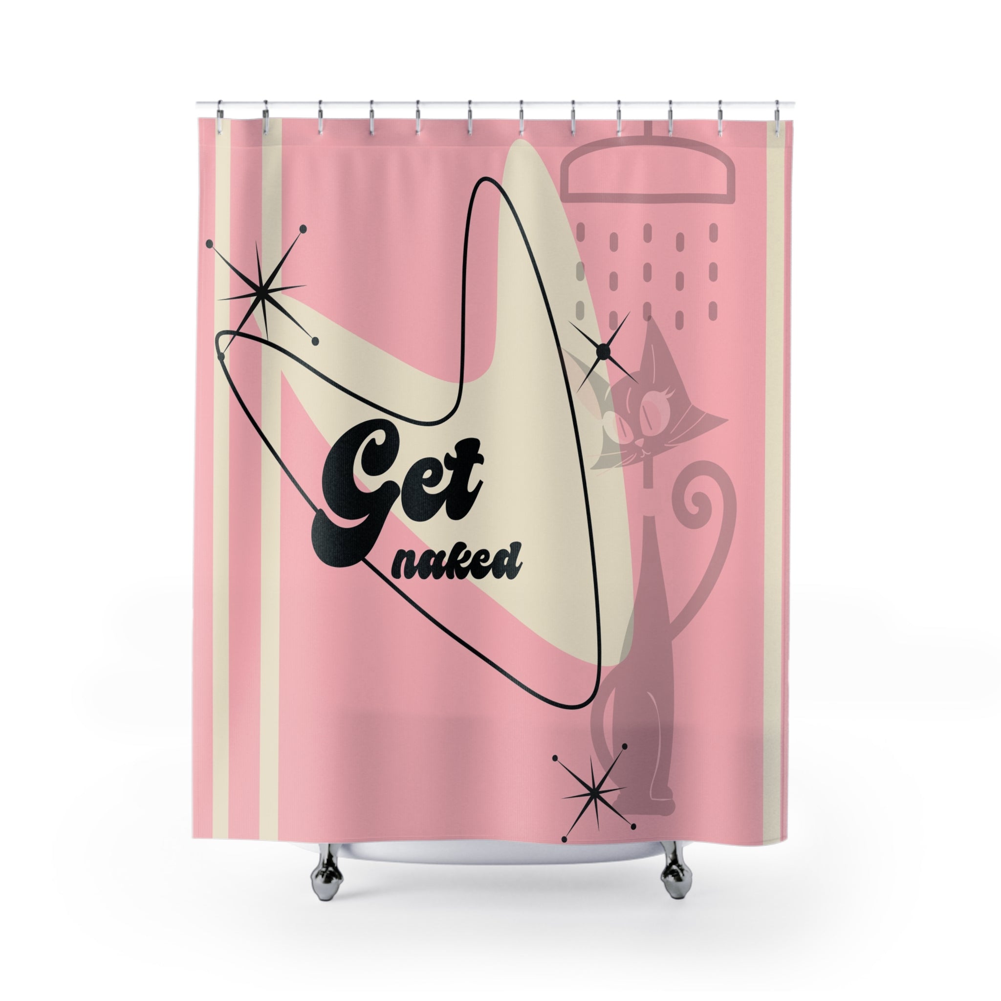 Mid Century Modern Shower Curtain, 50s Pink Atomic Cat Kitschy Funny ...