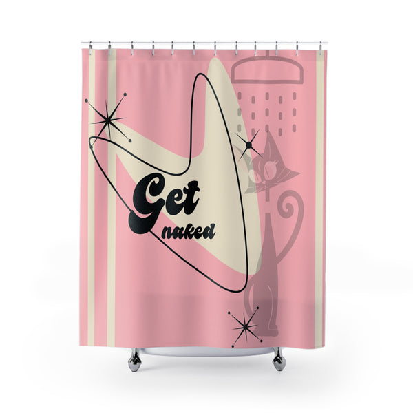 Mid Century Modern Shower Curtain, 50s Pink Atomic Cat Kitschy Funny Get Naked Retro Style