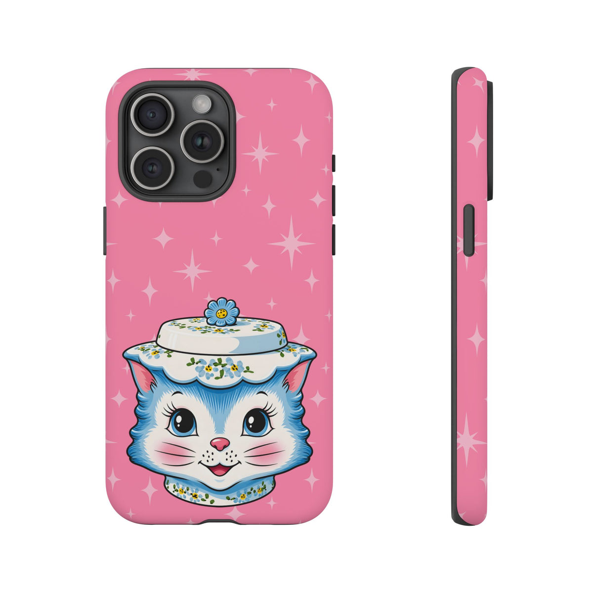 Mid Century Modern Kitschy Anthropomorphic Blue Cat with Floral Hat Tough Phone Case