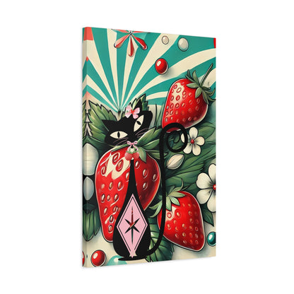 Retro Atomic Cat and Strawberry Wall Art Canvas - Vibrant Home Decor