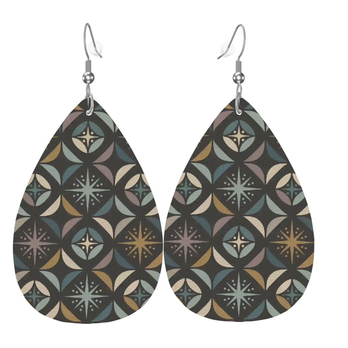 Mid Century Modern Elegant Gray Geometric Starburst  Vegan Leather Teardrop Earrings - Mid Century Modern Gal