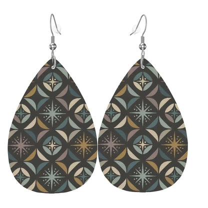 Mid Century Modern Elegant Gray Geometric Starburst  Vegan Leather Teardrop Earrings - Mid Century Modern Gal