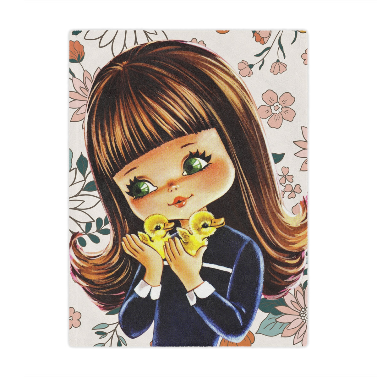 70's Groovy Style, Big Eyed Girl,  Brown Hair, Flower Power, Baby Ducklings, Retro 1970's Home Decor Minky Blanket - Mid Century Modern Gal