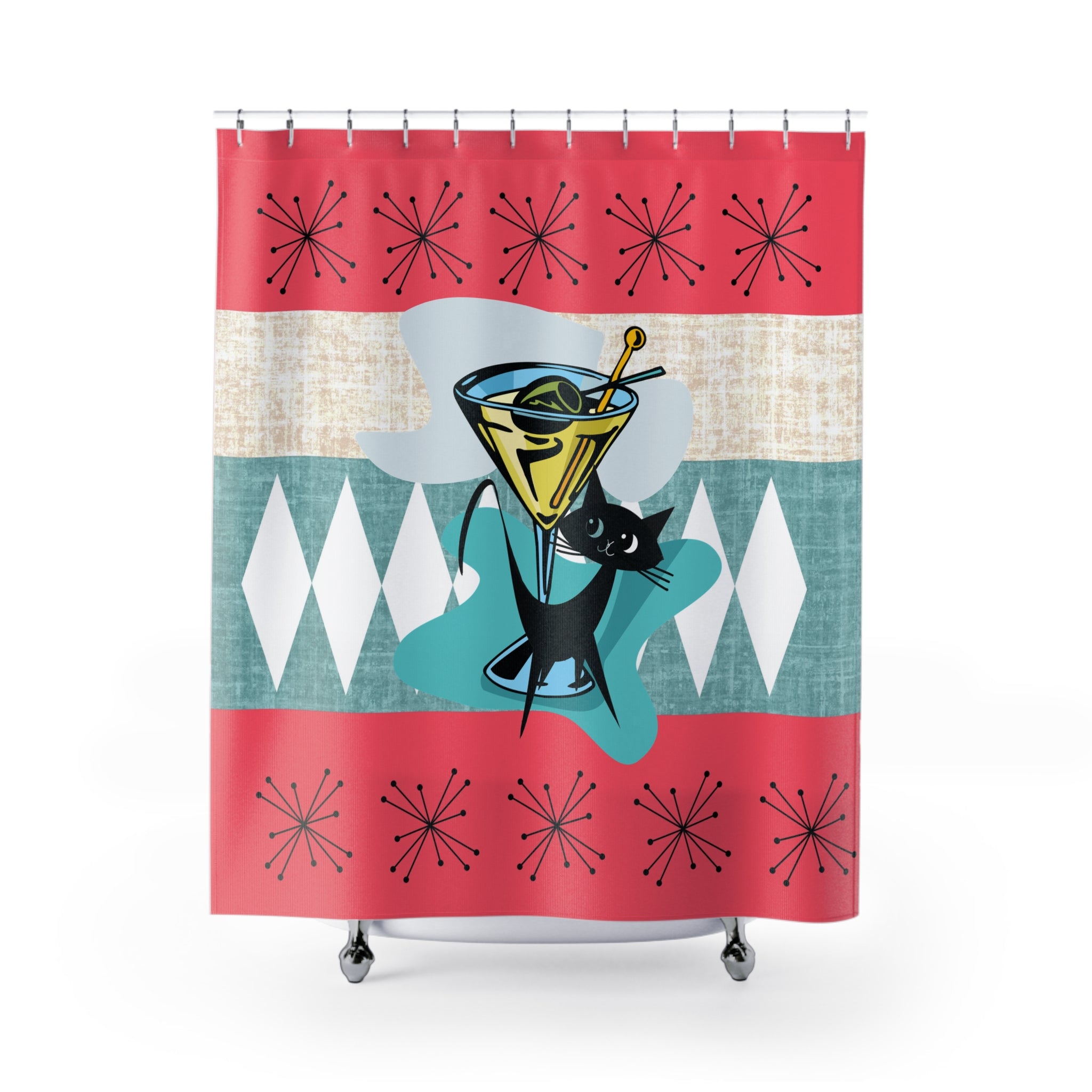 Atomic Cat, Martini Tini Time Kitschy Coral, Teal Atomic Starbursts Retro Cocktail Shower Curtain – Fun Mid-Century Design for Home Decor - Mid Century Modern Gal