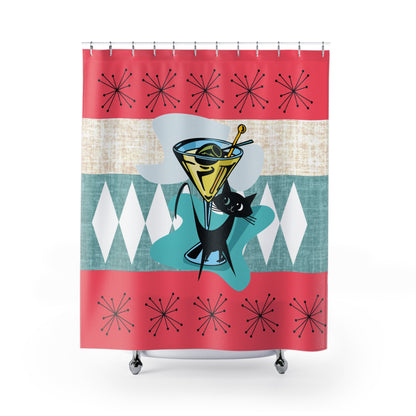 Atomic Cat, Martini Tini Time Kitschy Coral, Teal Atomic Starbursts Retro Cocktail Shower Curtain – Fun Mid-Century Design for Home Decor - Mid Century Modern Gal