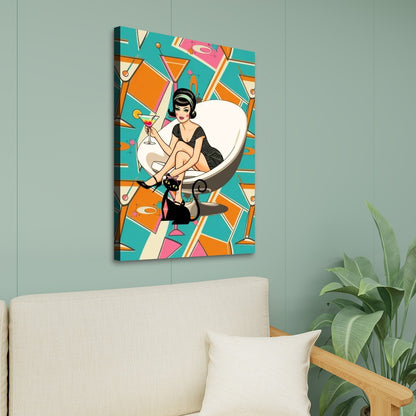 Mid Mod Atomic Cat, 60s Retro Gal, Kitschy Martini MCM Wall Art Canvas Print - Mid Century Modern Gal