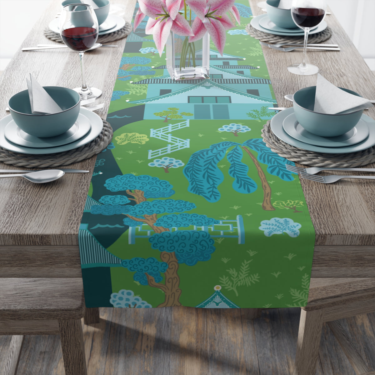 Chinoiserie Pagoda Blue, Green Tranquil Asian Inspired Table Setting Runner - Mid Century Modern Gal
