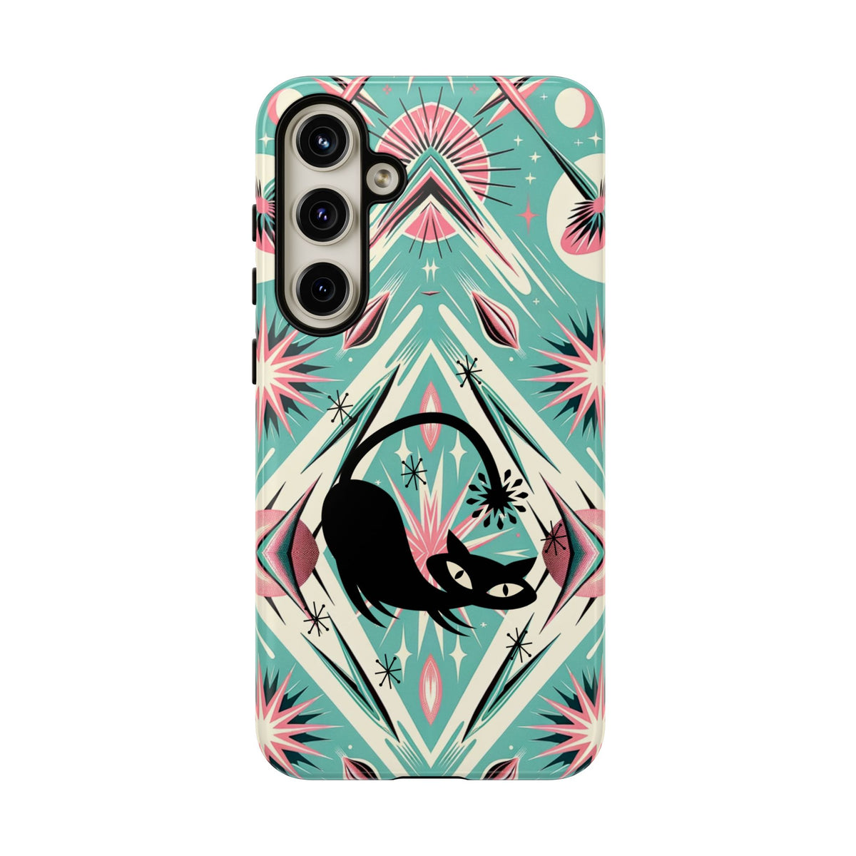 Atomic Cat, Mid Century Modern Aqua Blue, Pink, Starbursts Tough Phone Case