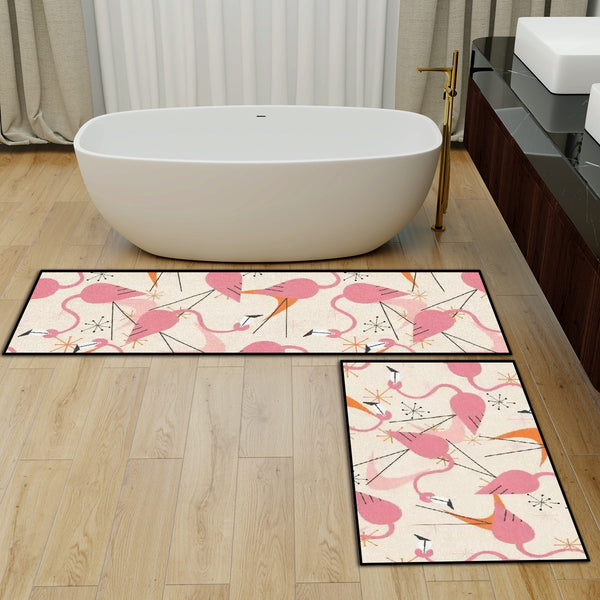 50s Flamingo Kitschy Quirky Mid Mod Palm Springs California Style Kitchen Area Rug Set for Floor Non-Slip Washable